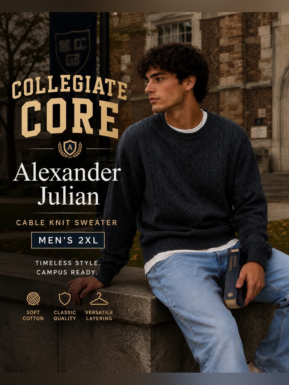 Alexander Julian Colours 2XL Gray Cable Knit Sweater Men’s Cotton Crewneck Y2K